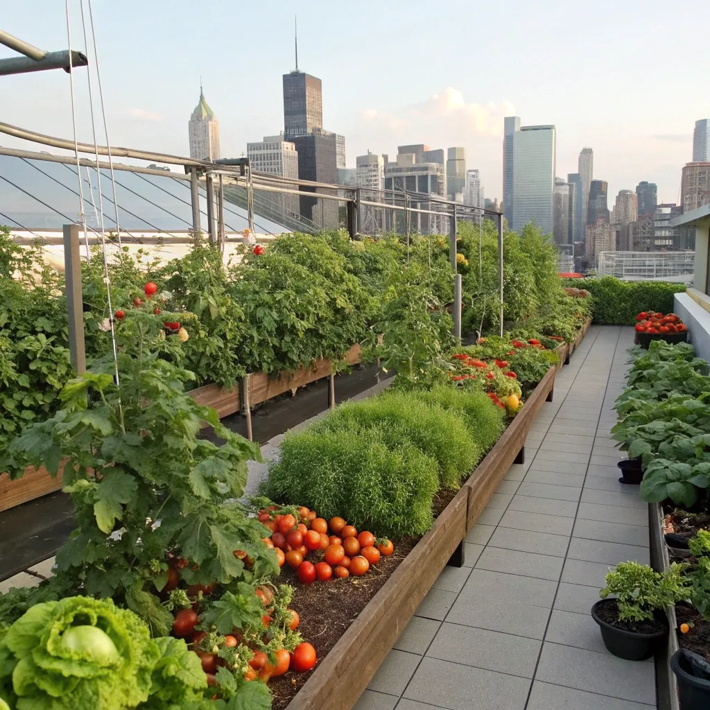 Organic rooftop garden with vegetables